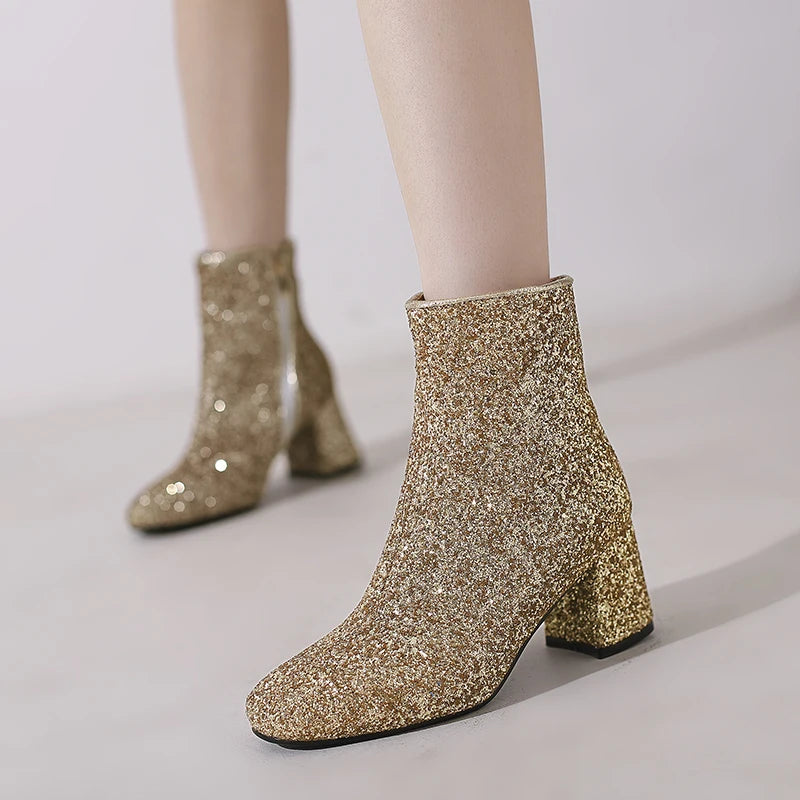 Big Size 48 49 50 Gold Silver Blue Sequined Cloth Glitter Winter Shoes Chunky High Heels Bling Party Ankle Chelsea Boots
