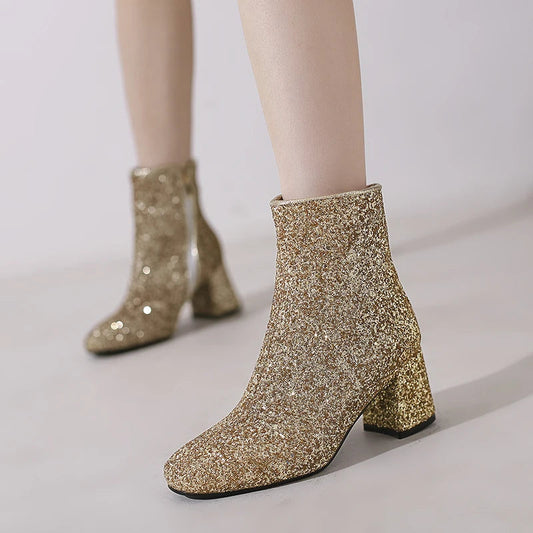 Big Size 48 49 50 Gold Silver Blue Sequined Cloth Glitter Winter Shoes Chunky High Heels Bling Party Ankle Chelsea Boots