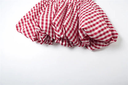 Spring Summer Plaid Tops for Strapless Off Shoulder Backless Ruched Red T-shirt Sleeveless Tees Top