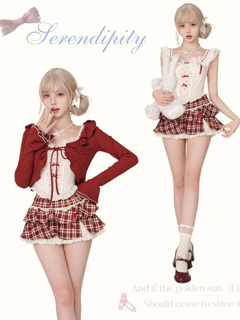 Red Sweet Cherry Summer Skirts Set Clothing Red Short Cardigan+tank Top+high Waist Splicing Plaid Skirt Three Piece Set