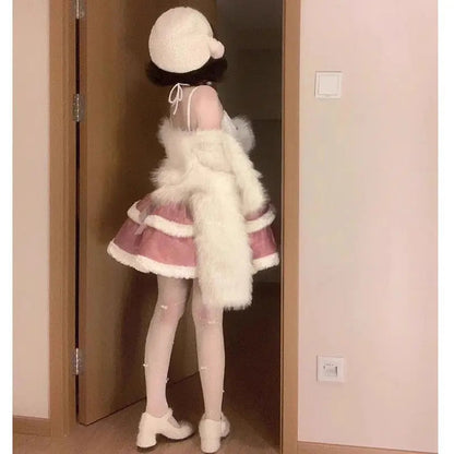 Plush Short Coat Waist Cinched Aline Puffy Lolita Dress Sweet Bow Gradient Mini Camisole Dress Set Two Piece Set Outfits