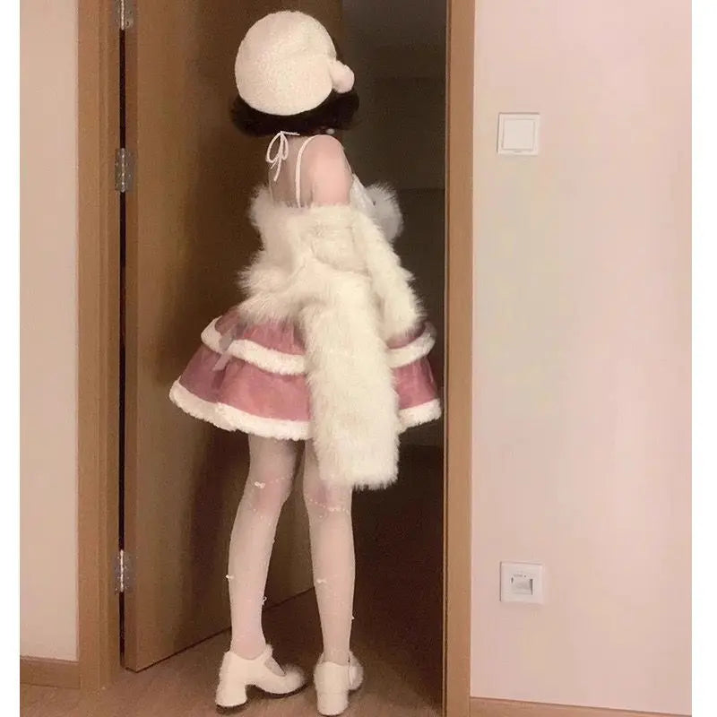 Plush Short Coat Waist Cinched Aline Puffy Lolita Dress Sweet Bow Gradient Mini Camisole Dress Set Two Piece Set Outfits