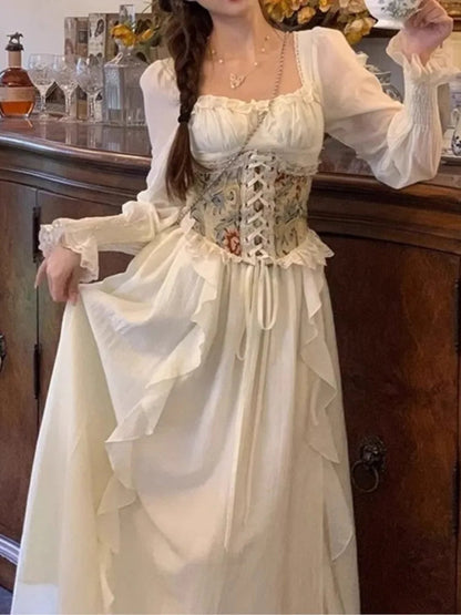 Midi Dresses for With Wide Corset Belt Ruffles French Party Dress Birthday Prom Robe Vestido