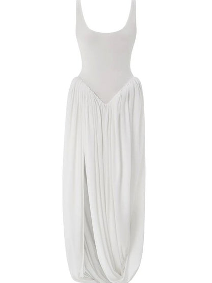Sleeveless Elastic Tight Long Dress Fluffy Skirt Split Backless Evening Dress Slim Party Vacation Vestidos