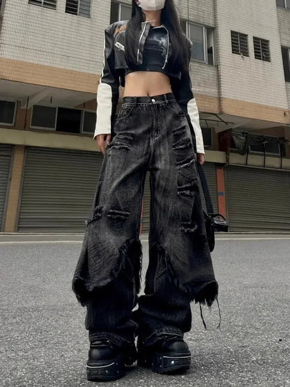 Washed Do Old Ripped Jeans Hip Hop Retro Oversize Spliced Straight Denim Pants Y2k Causal Mujer Bottoms