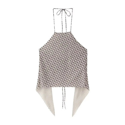 Summer 2 Piece Set Wave Print Halter Tank Top Backless Lace Up Tops Female High Waist Pencil Skirts