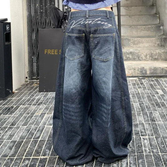 Y2k Letter Embroidery Washed Jeans Harajuku Wide Leg Denim Pants Baggy Gyaru Scimitar Trousers