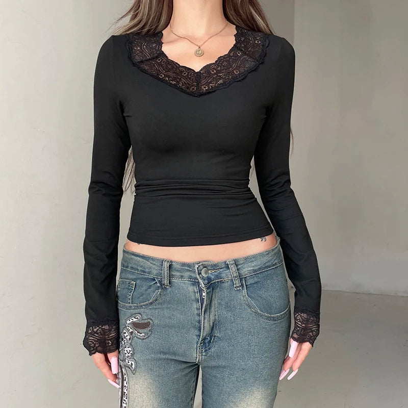 Sweet Lace Trim V-neck ��s Top Long Sleeve Balletcore Slim Autumn New T-shirt All-match Basic