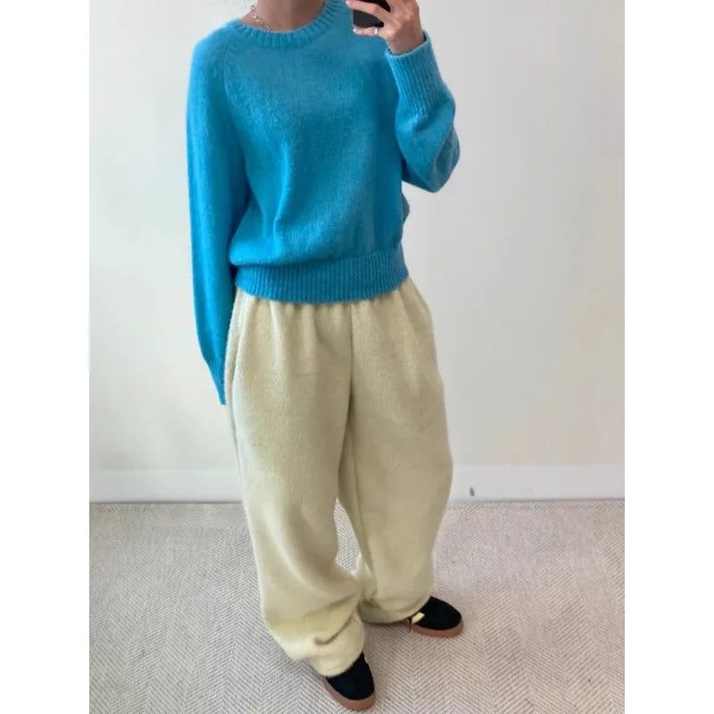 Summer Korean Retro High Street Hairy and Thick Low Waist Trousers Wide Leg Pants