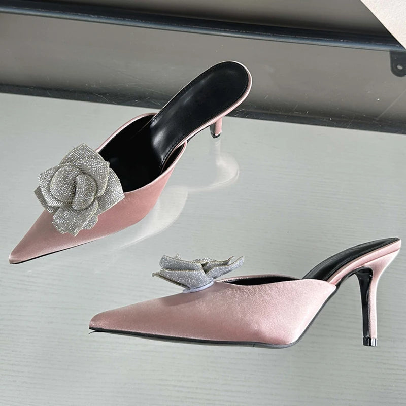 Designer Crystal Flower Silk Pointed Toe Slippers Thin Heels Party Dress Mule Shoes