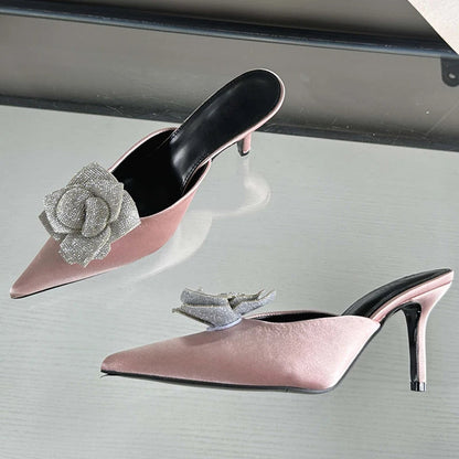 Designer Crystal Flower Silk Pointed Toe Slippers Thin Heels Party Dress Mule Shoes