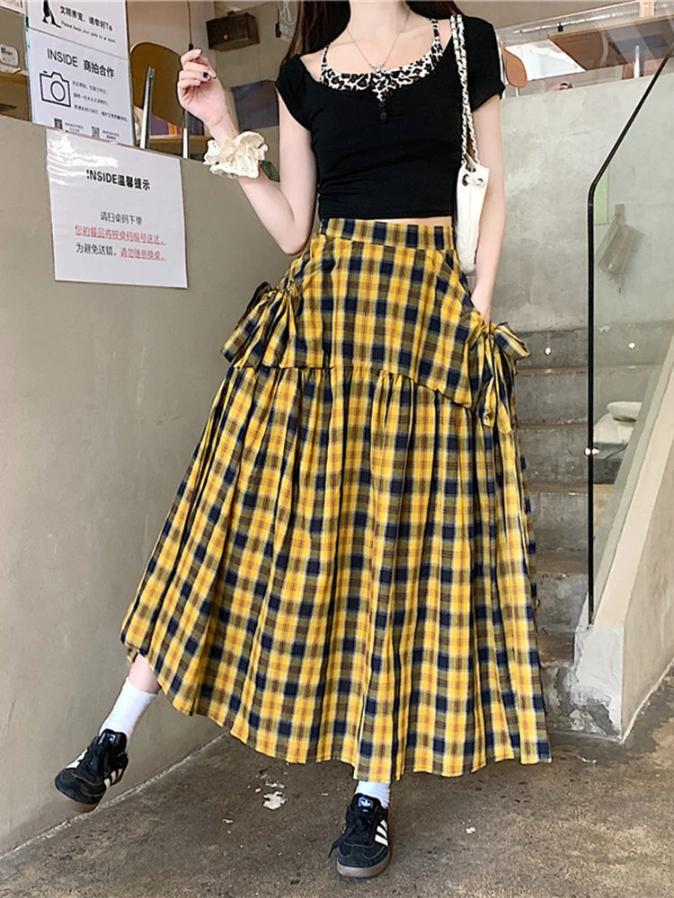 American Long Skirts for Arrival Plaid Lace Up High Waist Color Patchwork Pleated Skirts Skirt