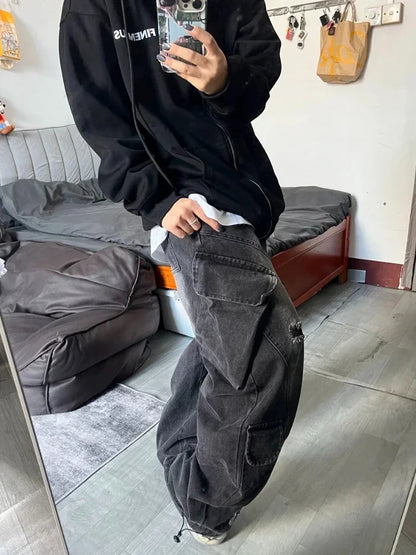 Black Ripped Cargo Jeans Hip Hop Harajuku Causal Loose Do Old Straight Wide Leg Denim Pants Y2k Mujer Trouser