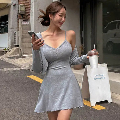 Summer Korean Clothing Short Strap Camisole Dress +short Coat Color Two Piece Sets Outfits