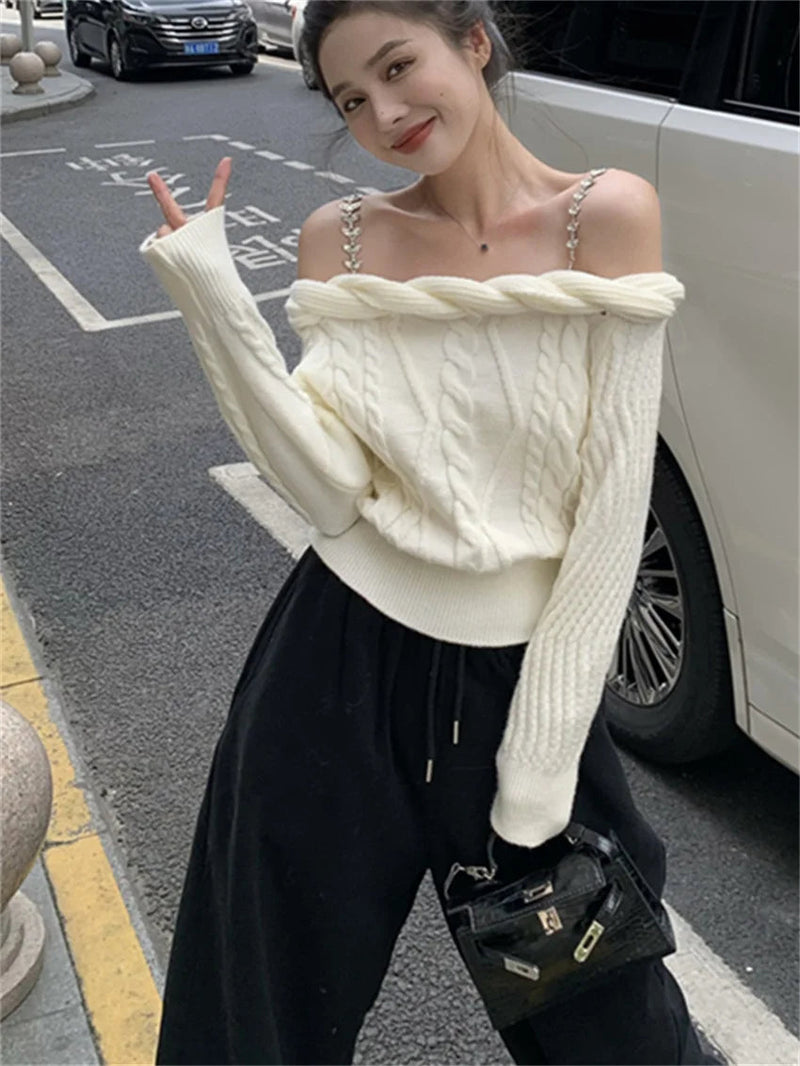 Knitted Slash Neck Sweaters Daily Knitted Pullovers Daily Sweet Off Shoulders Spring
