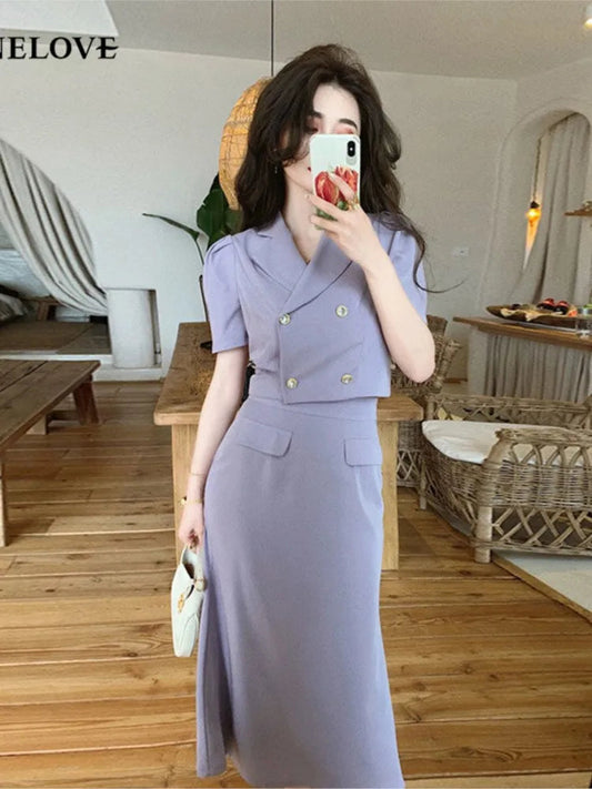 Summer Blouse Suits Purple Korean Short Sleeve Shirts +hight Waist Skirts 2 Pieces Set