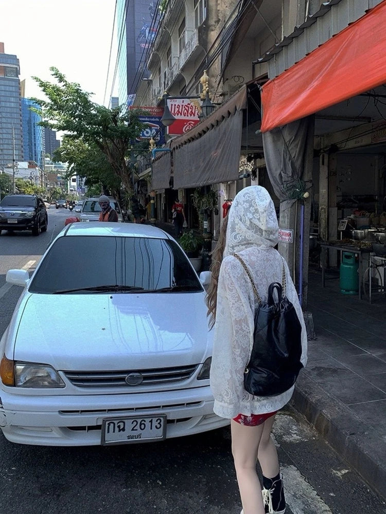 Lace Long Sleeve Blouse Capes Outwear Beach Style Hooded Coat Korean Summer Clothing Y2k