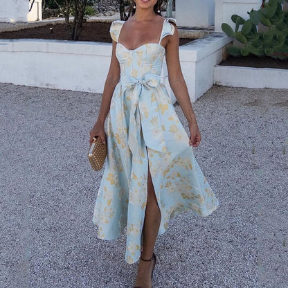 Flowers Print Sleeveless Long Dresses Low Cut Backless Bowknot Leace-up Slit Dress Temperament Lady Vestidos New