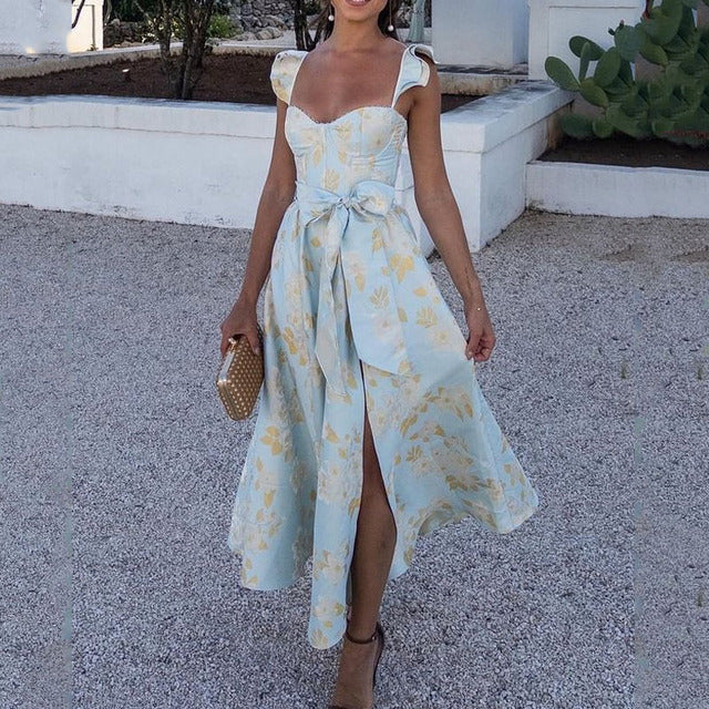 Flowers Print Sleeveless Long Dresses Low Cut Backless Bowknot Leace-up Slit Dress Temperament Lady Vestidos New
