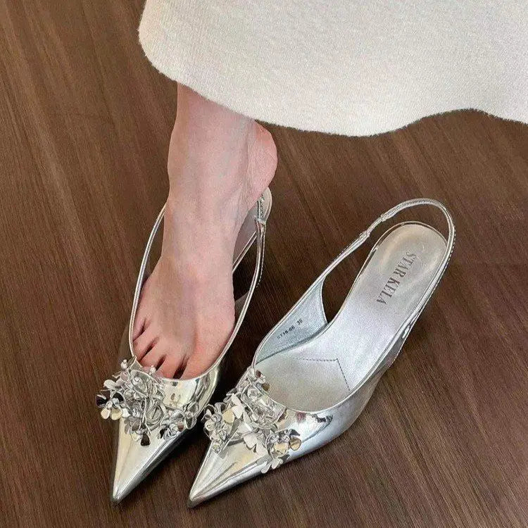 Sandals ，summer New Pointy Flower Sandals, Midheel Back Empty Single Shoes, Shoes