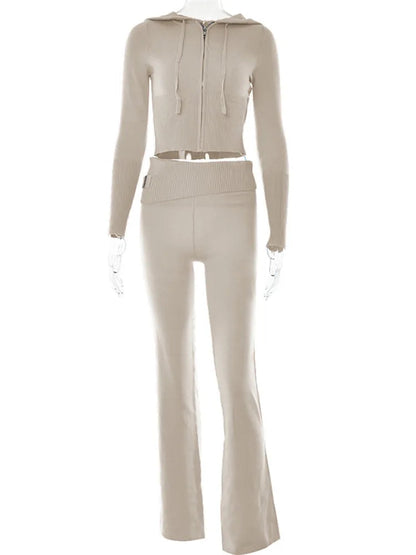 Knitted 2 Piece Sets Tracksuit Long Sleeve Zipper Hooded Sweater Crop Top Flare Pants Stretch Matching Suit Outfit