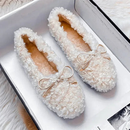 Plush Warm Flat Shoes for Winter Bow Design Nonslip Soft Bottom Ballet Shoes Low Heel Padded Mules