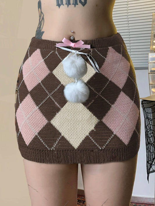 Autumn Knitted Sweet Rhombus Plaid Skirts Plush Ball Lace Up Bow Mini Skirts