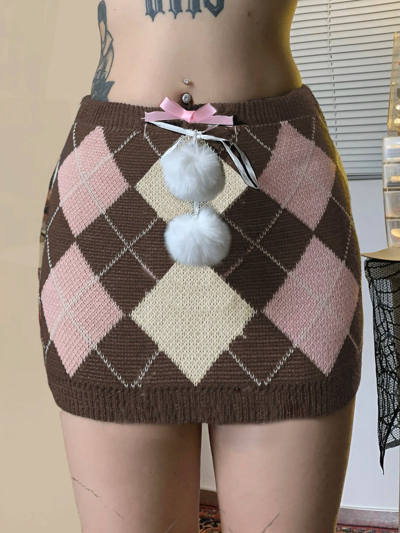 Autumn Knitted Sweet Rhombus Plaid Skirts Plush Ball Lace Up Bow Mini Skirts