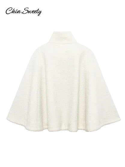 White Loose Short Cape Coat Autumn Winter Thick Single Buckle Batwing Sleeve Cloaks Jacket Lady Warm Outwear New