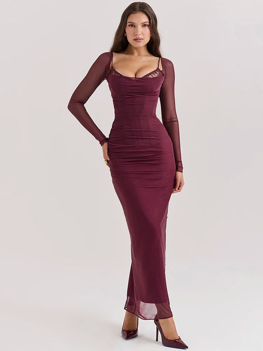 Sheer Long Sleeve Maxi Dress for Mesh Strapless Backless Club Party Long Dress