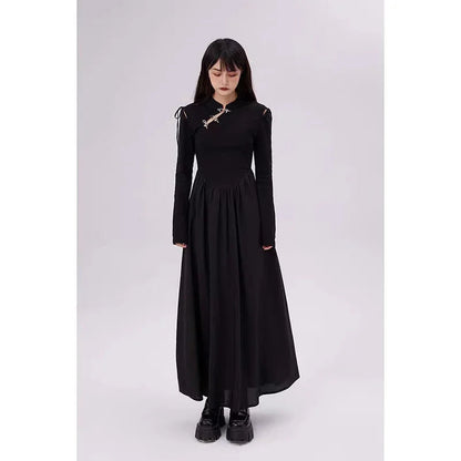Black Gothic Dress Y2k Long Sleeve Party Bottoming New Korean Harajuku Lady Midi Dress