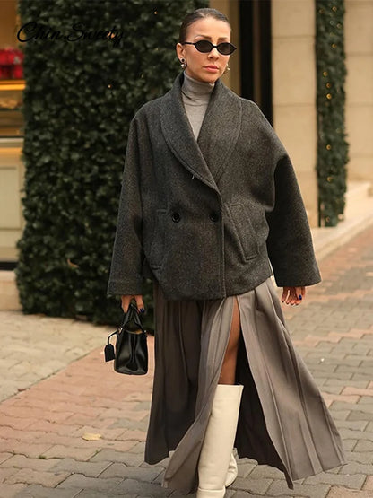 Retro Loose Woolen Blend Coat Lapel Double-breasted Long Sleeve Pocket Thick Gray Jacket Autumn Spring