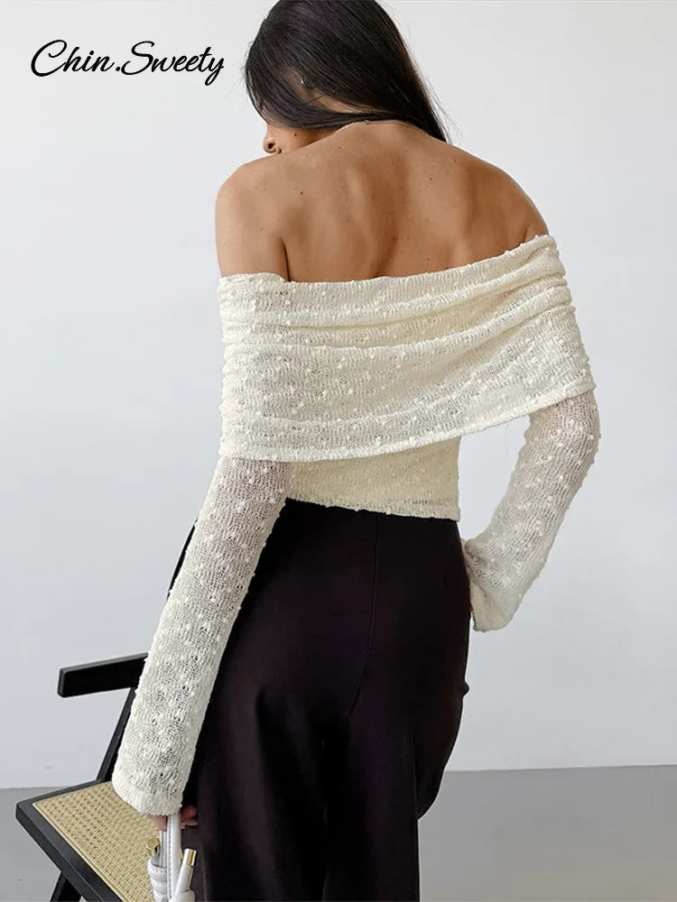 Off Shoulder ’s Shirt Knitted Long Sleeve Backless Slim Shirt Top Spring Summer Office Lady Blouses New