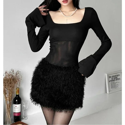 Korean Mesh Splicing Slim Longsleeved Dress Spring New Square Collar Color All Match Mini Dress