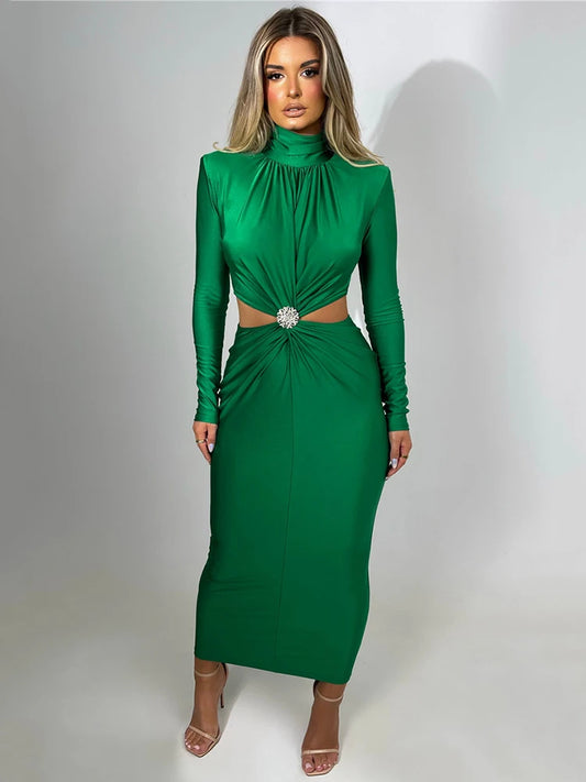 Hollow Out Maxi Dress for Autumn Winter New Turtleneck Long Sleeve Bodycon Club Party Evening Dress