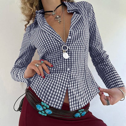 Y2k Turn-down Collar T-shirt Button Up Long Sleeve Slim Tee Outfits Autumn Top