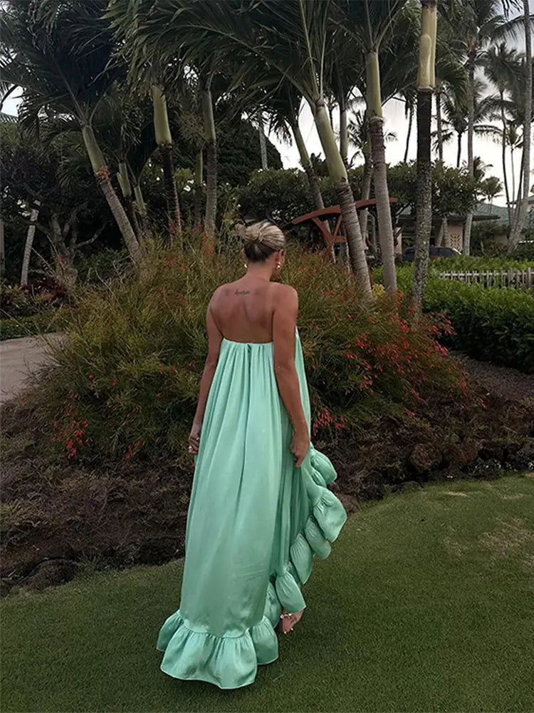 Backless Ruffles Irregular Sleeveless Loose Maxi Dresses Off Shoulder Dresses Lady Beach Vacation Vestidos