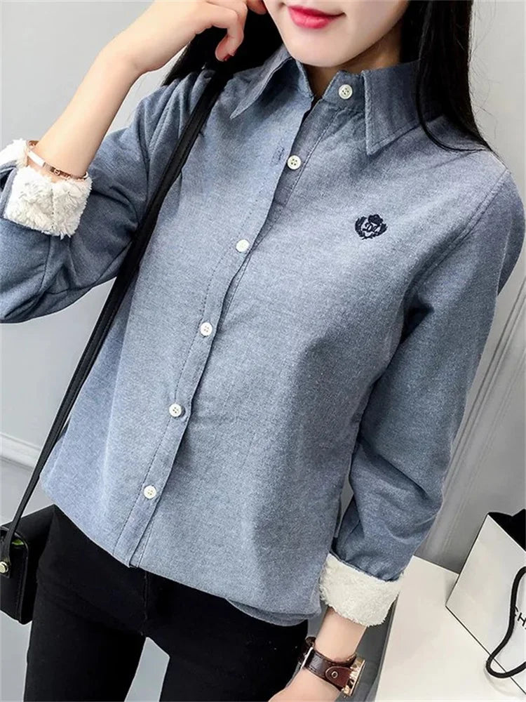Very Thick Winter Style Blouses Shirts Lady Long Sleeve Turn-down Collar Velvet Blusas Tops Df3161