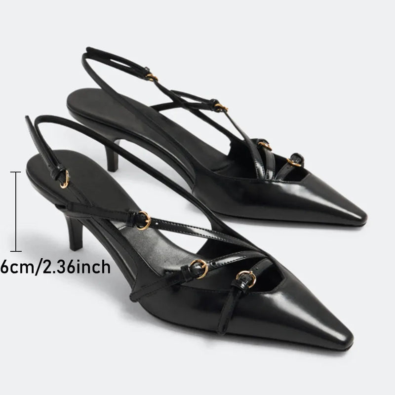 Brand Design Med Heels Pumps Pointed Toe Buckle Party Trend Slipon Mules Pumps Slingback Stiletto Shoes for