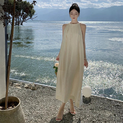 Apricot Hanging Neck Round Neck Sleeveless Pleated Long Dress Summer Temperament Loose Halter Dress