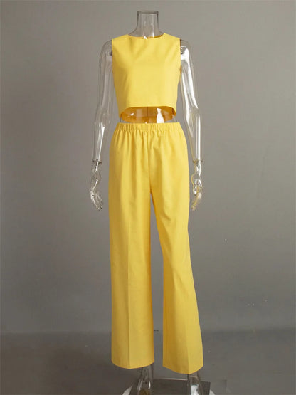 Summer 2 Piece-set ’s Pants Sleeveless Cropped Vest Top and Wide Leg Trousers Sets Female Outfits Trousers