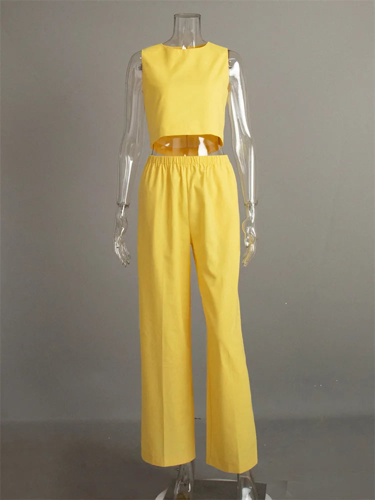 Summer 2 Piece-set ’s Pants Sleeveless Cropped Vest Top and Wide Leg Trousers Sets Female Outfits Trousers