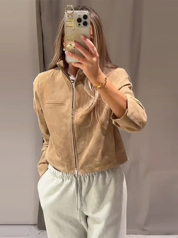 Stand Collar Suede Leather Jacket Coat Zipper Retro Long Sleeved Biker Jackets Loose Front Shoulder Short Outwear