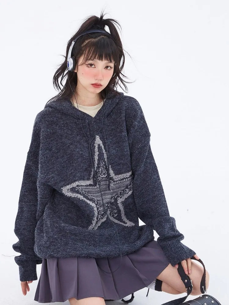 Star Graphic Knitted Hoodie Loose Long Sleeve Sweater Pullover for Autumn Harajuku Tops