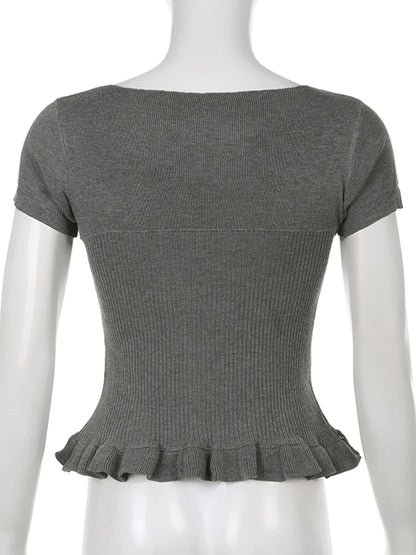 T-shirt Patchwork Lace Sweet Square Collar Knitted Tops Ruffles Hem Y2k Gray Tee Shirt Clothes