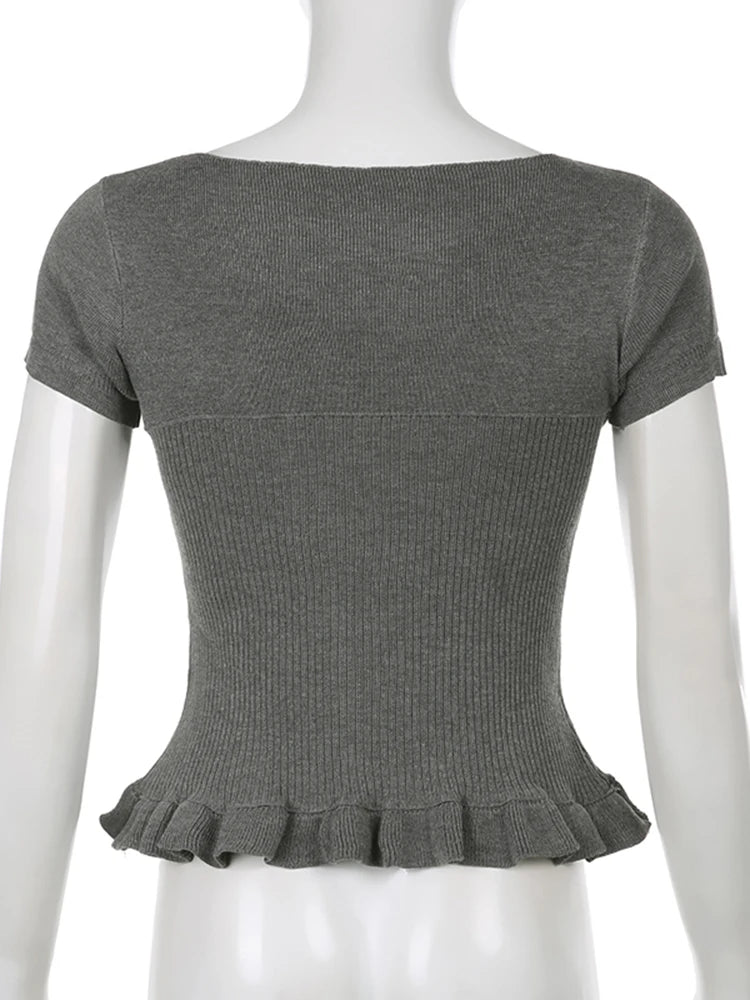 T-shirt Patchwork Lace Sweet Square Collar Knitted Tops Ruffles Hem Y2k Gray Tee Shirt Clothes