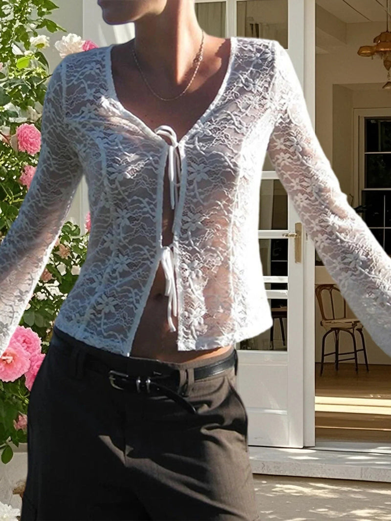 Lace Trimmed V-neck Blouse With Tie Front Detail and Long Sleeves - Stylish S Shirt for Street Style