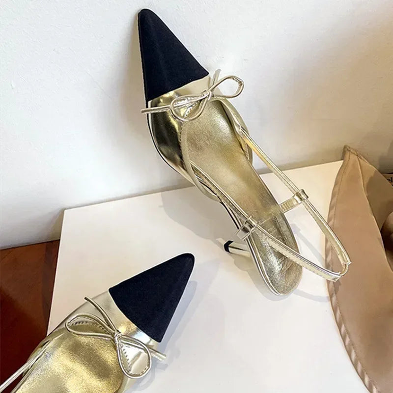 Bow Brands Pointed Toe High Heels Summer Thin Heeled Sandals Back Strap Mules Shoes Gold Silver Pumps