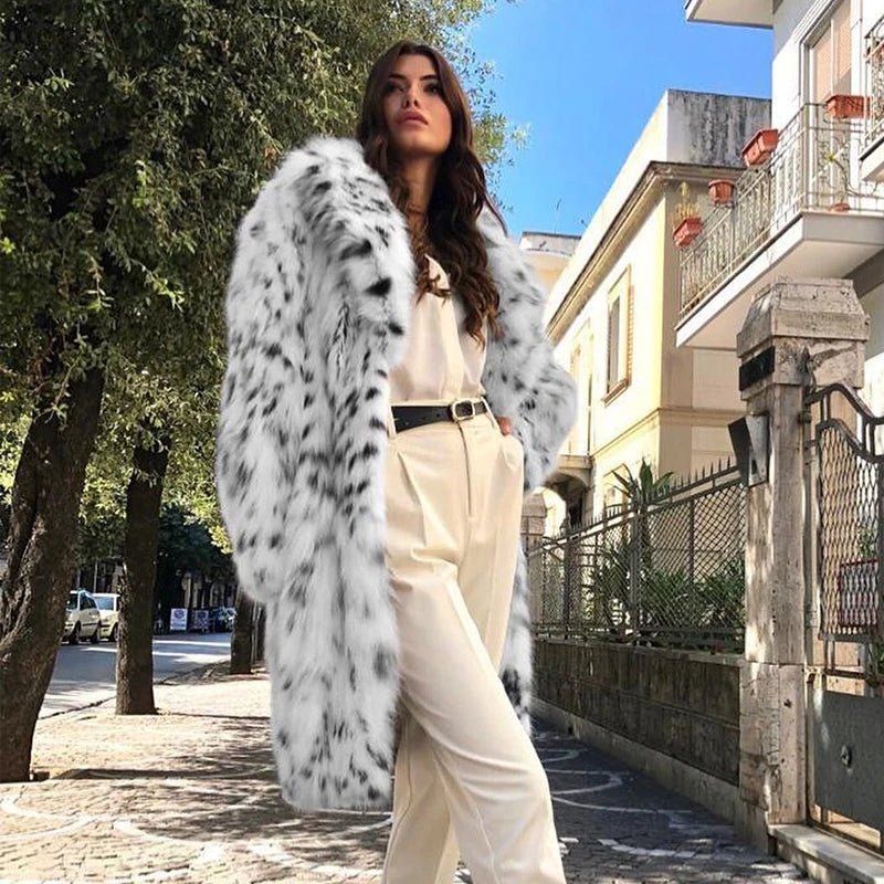 Brand Fluffy Furry Leopard Faux Fur Coats Winter Long Belted Overcoats Fox Fur Coats Outerwear