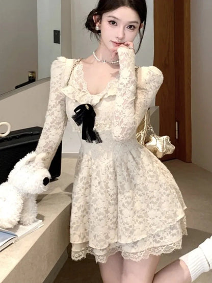 Korean Sweet Lace Dress for Bow Long Sleeves Birthday Party Mini Dresses Spring Female Aline Short Vestidos Mujer